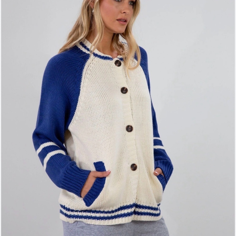 Le Lis Blue/Cream Varsity Button-Up Cardigan with pockets size Medium